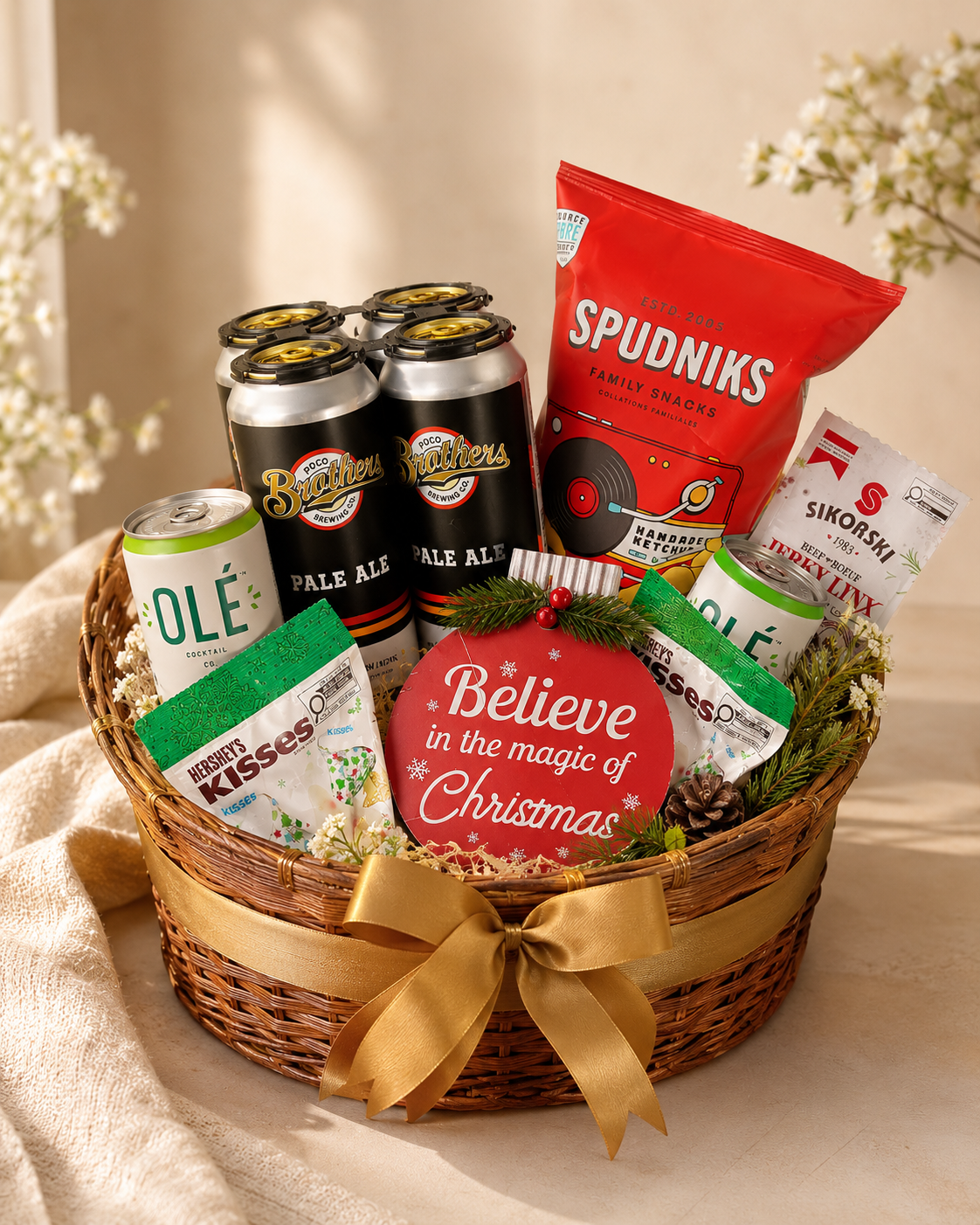 The Beer Essentials basket — BC-brewed beer with mocktails and savory snacks