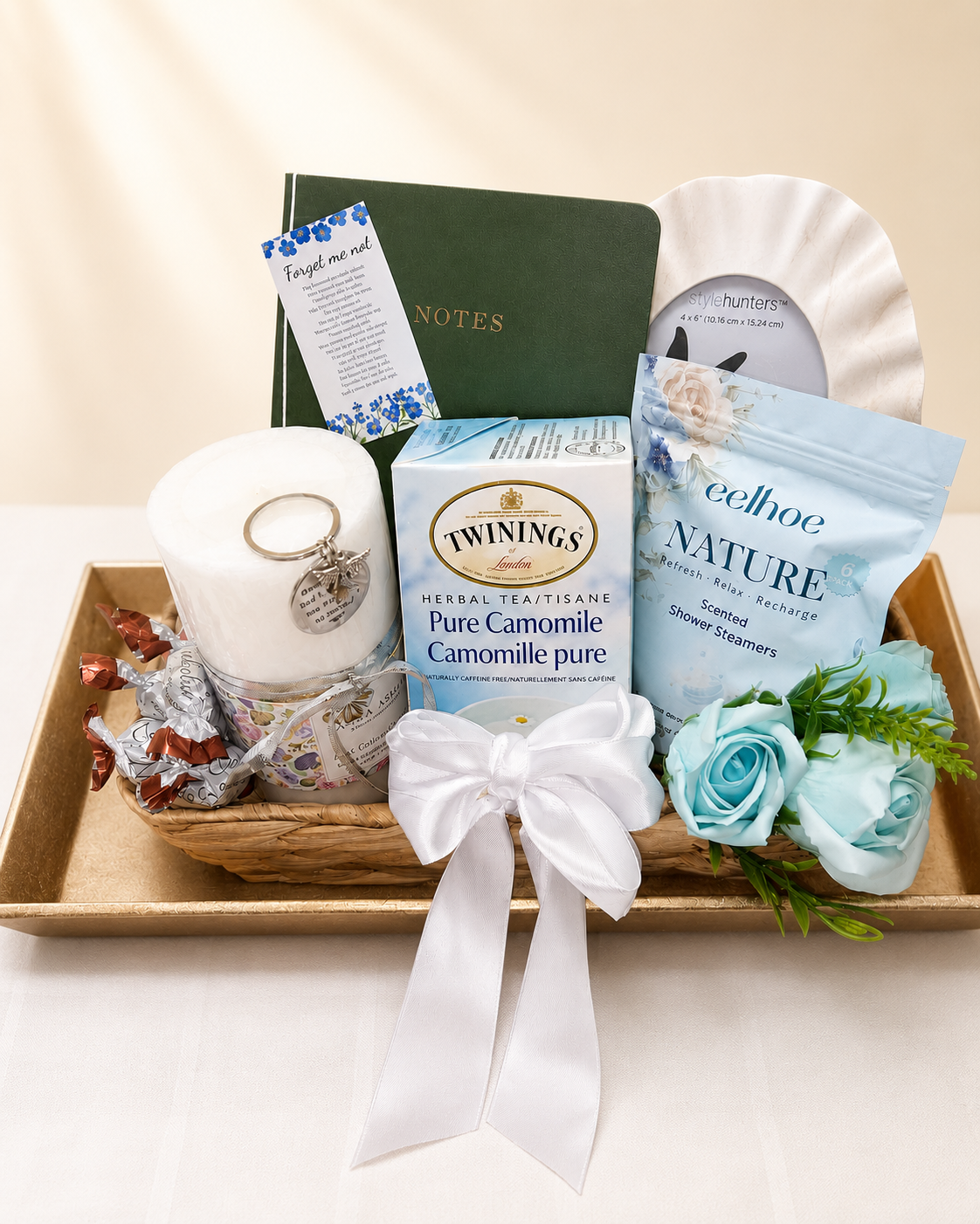 Bereavement Basket &mdash; a thoughtful keepsake basket with candle, journal, tea, and inspirational card