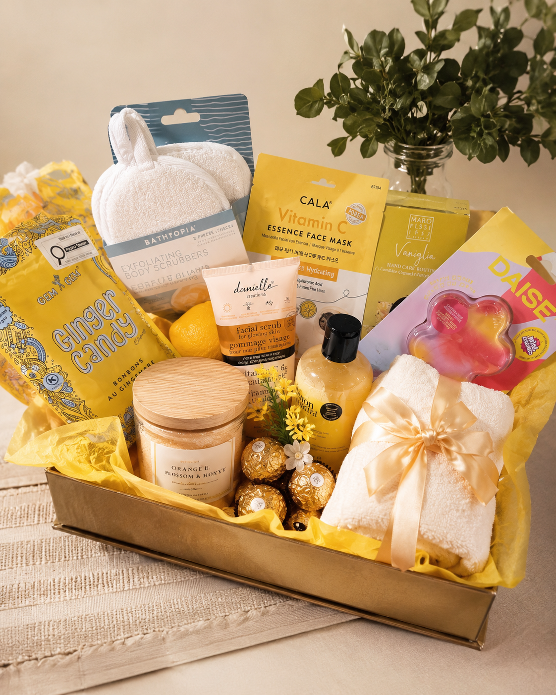 A pampering gift basket arranged with spa products and treats