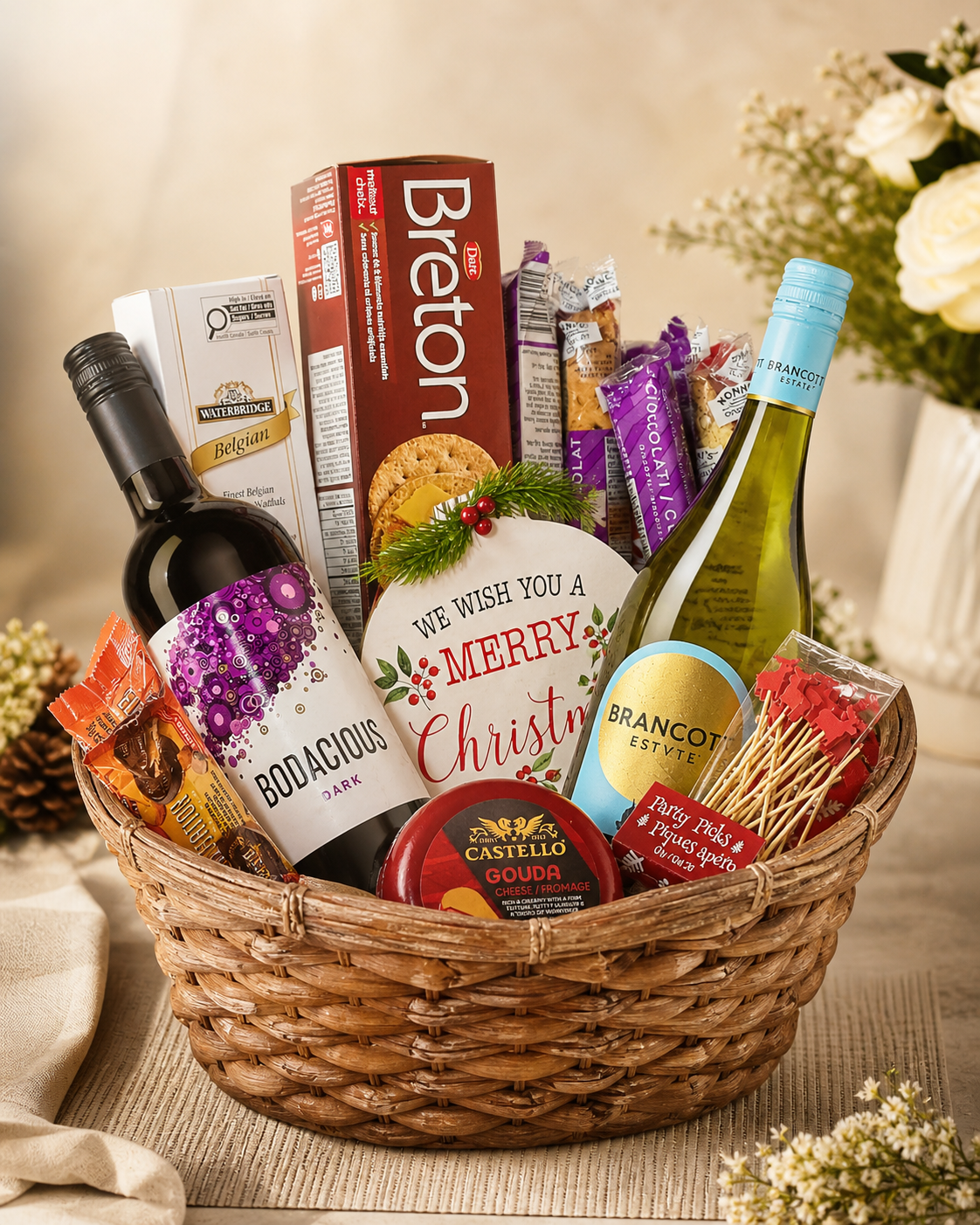 The Double Un-Wine basket — one red and one white Canadian wine with cheese and crackers