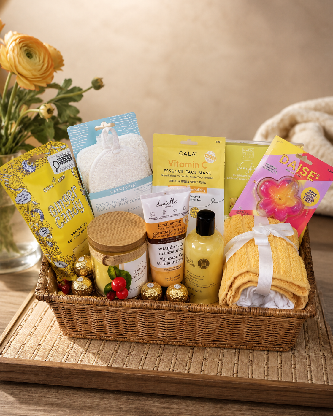 Pampered in Sunshine Mini-Spa Basket — sunshine-themed self-care basket